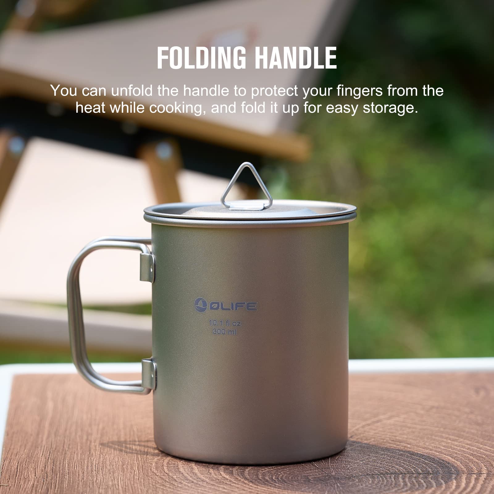OLIFE Tasse de camping en titane avec couvercle, poignée pliable, sac à dos, tasse portable ultra légère pour camping, voyage, randonnée, extérieur et utilisation quotidienne (300ml)