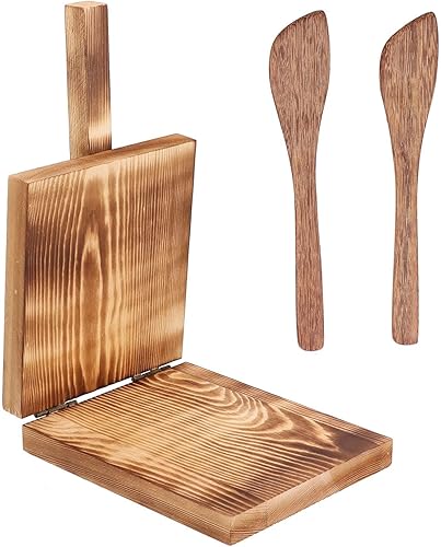 Prensa de tortilla de madera de 5.1 pulgadas, prensa de tortilla de madera dura con 2 espátulas mexicanas prensadora de tortillas antideslizante,