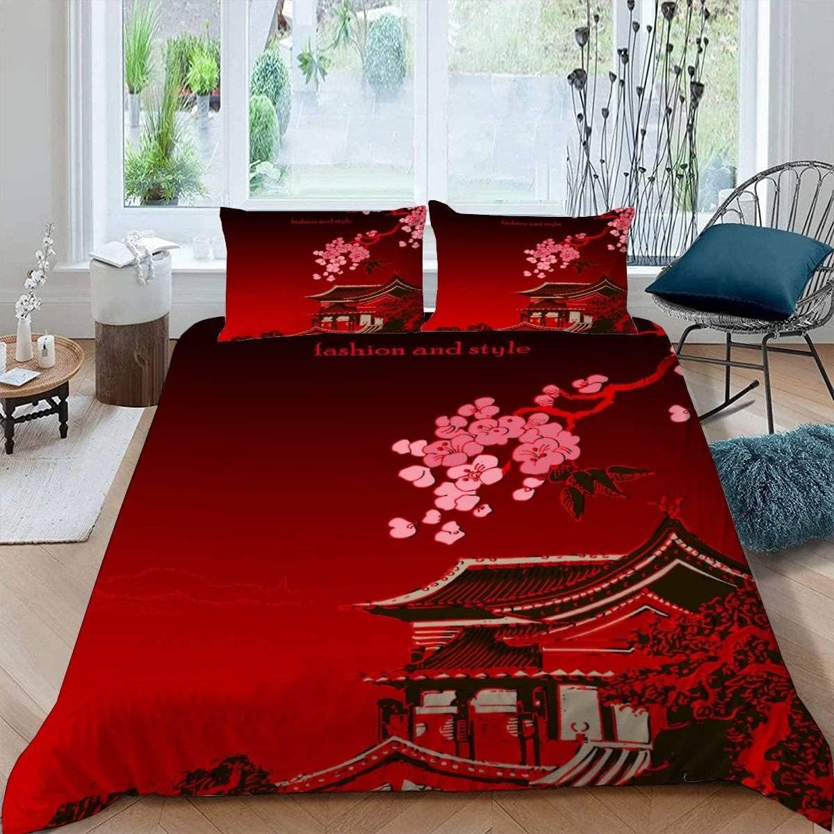MEVASA Japanese-style Bedding Double Bed Set Microfiber Teenager Bedding Red 3D Bedding Set for Small Double 3Pcs Anti Allergic Double Duvet Cover Set with Zipper /200x200