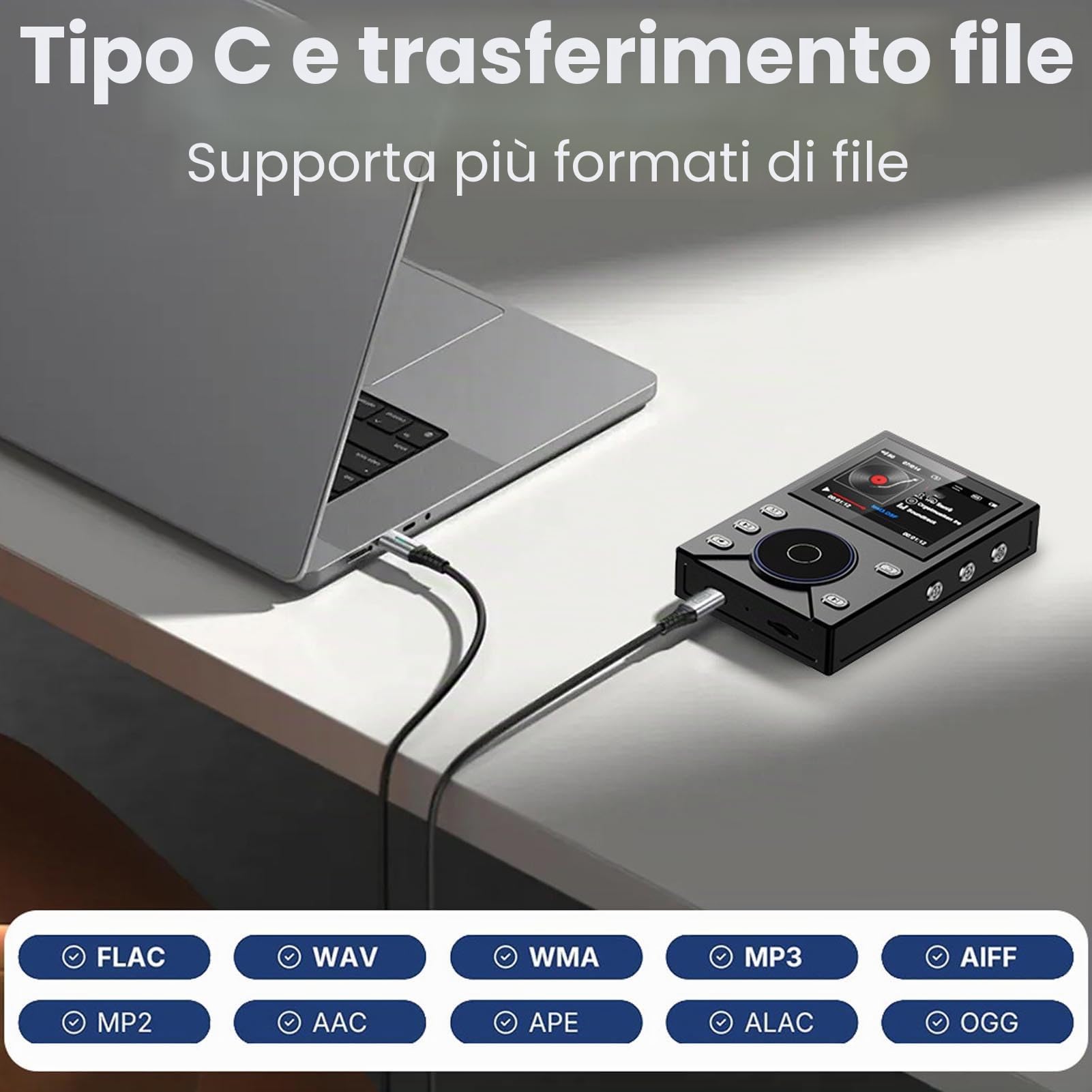 Lettore MP3 Hi Res Bluetooth 5.4 DSD FLAC ad Alta Risoluzione senza Perdita di Qualità, Lettore Audio Digitale Portatile con Display LCD da 2.1 Pollici, Supporta fino a 256 GB (64 GB)
