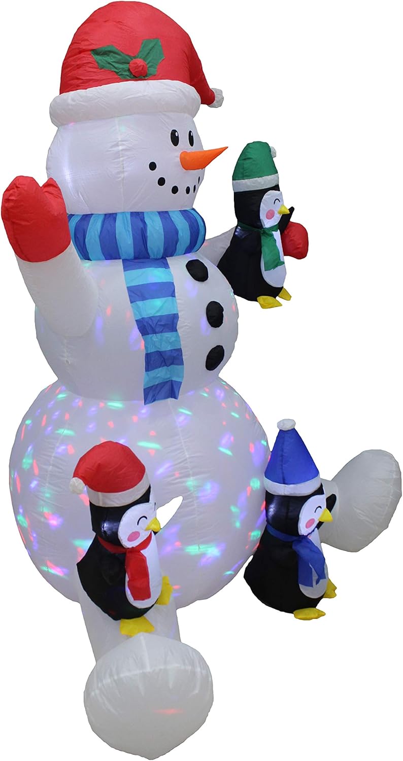 6 Foot Tall Swirling Lights Christmas Snowman with Three Cute Penguins Lighted Blowup Party Decoration for Outdoor Indoor Home Family Garden Yard Prop