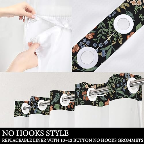 Vista 4 de Tititex Juego de cortinas de ducha sin ganchos con forro a presión, hojas florales rojas rústicas en negro, cortinas de baño decorativas de hotel