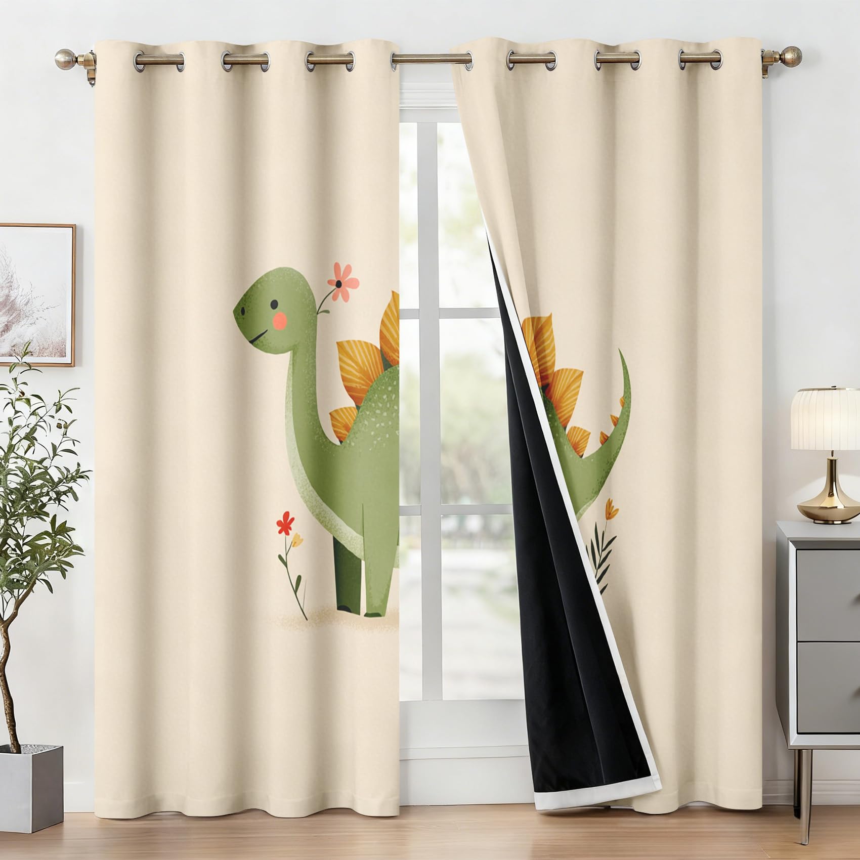 Générique Lot de 2 Rideau Occultant Dinosaure, Rideau Isolant Thermique à Oeillets pour Salon Chambre Cuisine Fenetre, Motif Dinosaure Vert Mignon Enfants, 117x183 cm (LxH)