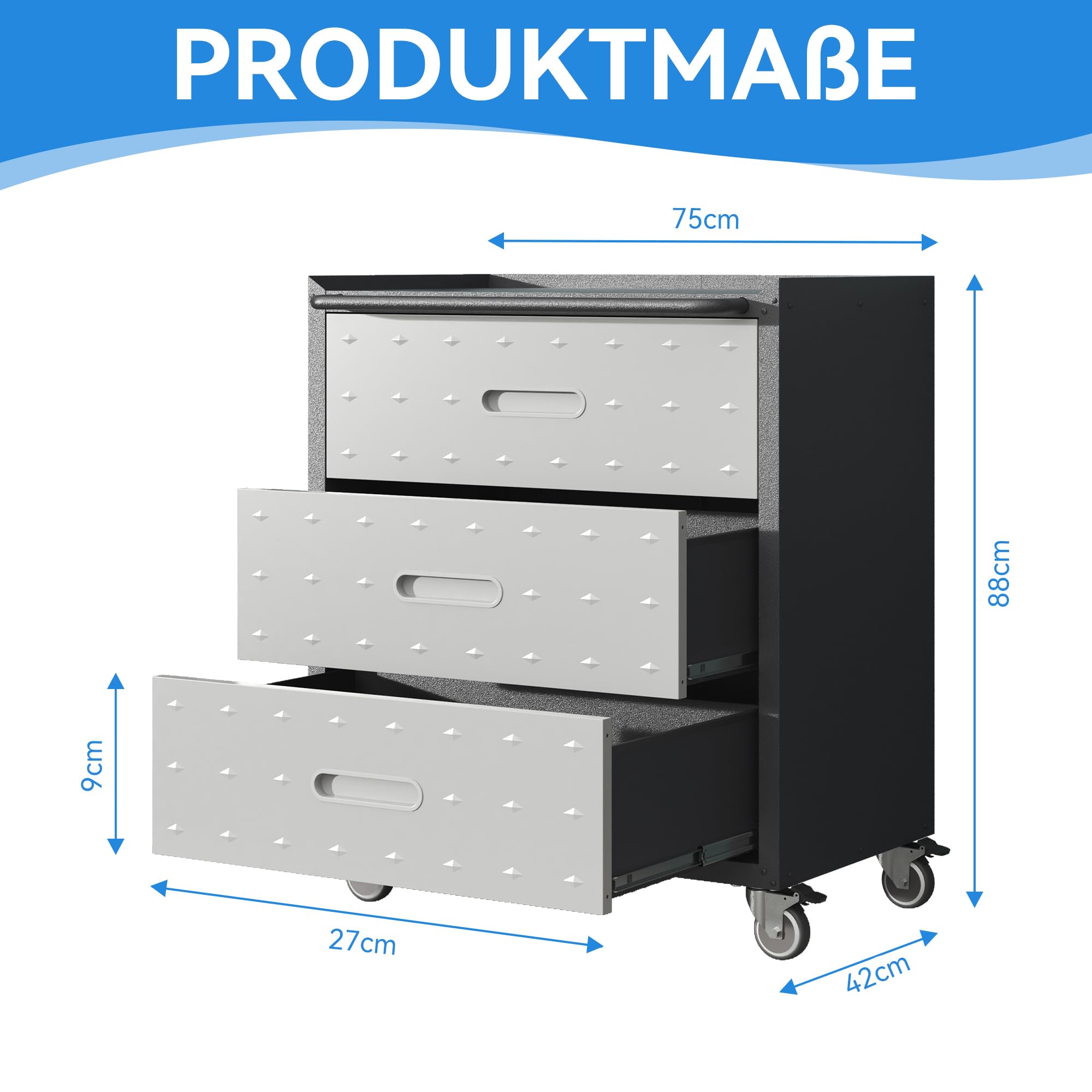 Armario De Herramientas Con Metal, Cajonera Con Ruedas Y 3 Cajones, Mueble Organizador Resistente, Carro De Herramientas, Para Garaje Oficina Hogar Y Taller, Negro Y Gris, 75.01 x 42 x 88.01 cm