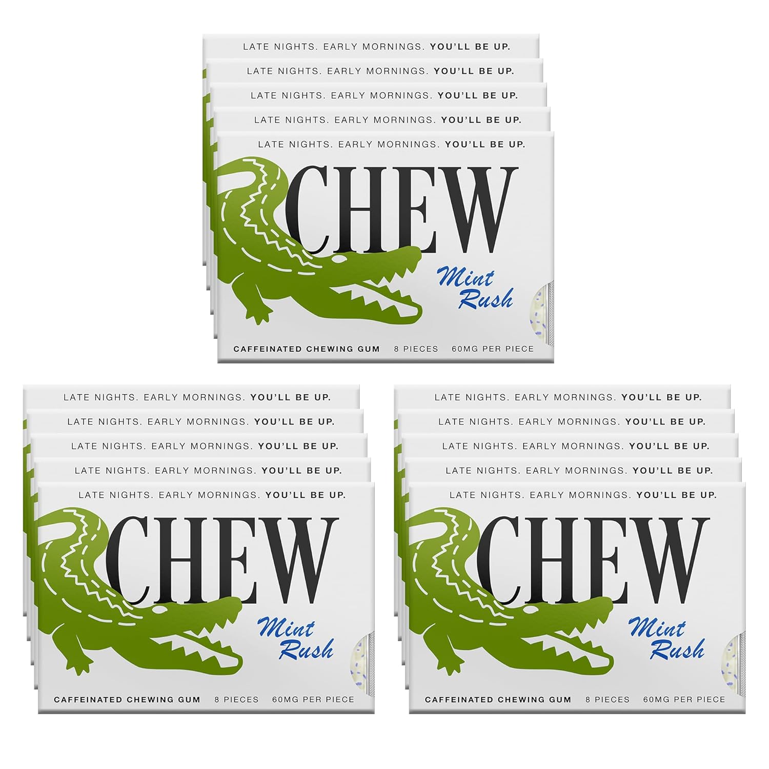 Chew Caffeine Gum Mint Rush, Sugar Free Energy Gum, 60mg Caffeine per Piece, Fast Acting Mint Chewing Gum with B6 & B12, Zero Calorie Pocket Energy for Workouts, Work, Travel, Study (Pack of 5)