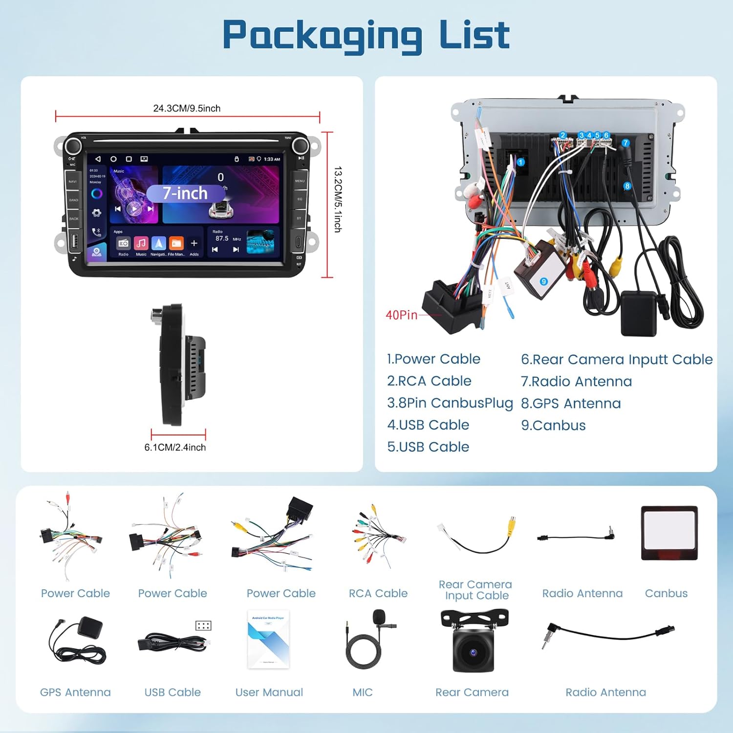 Diagram of all items included in the Driauto car stereo package