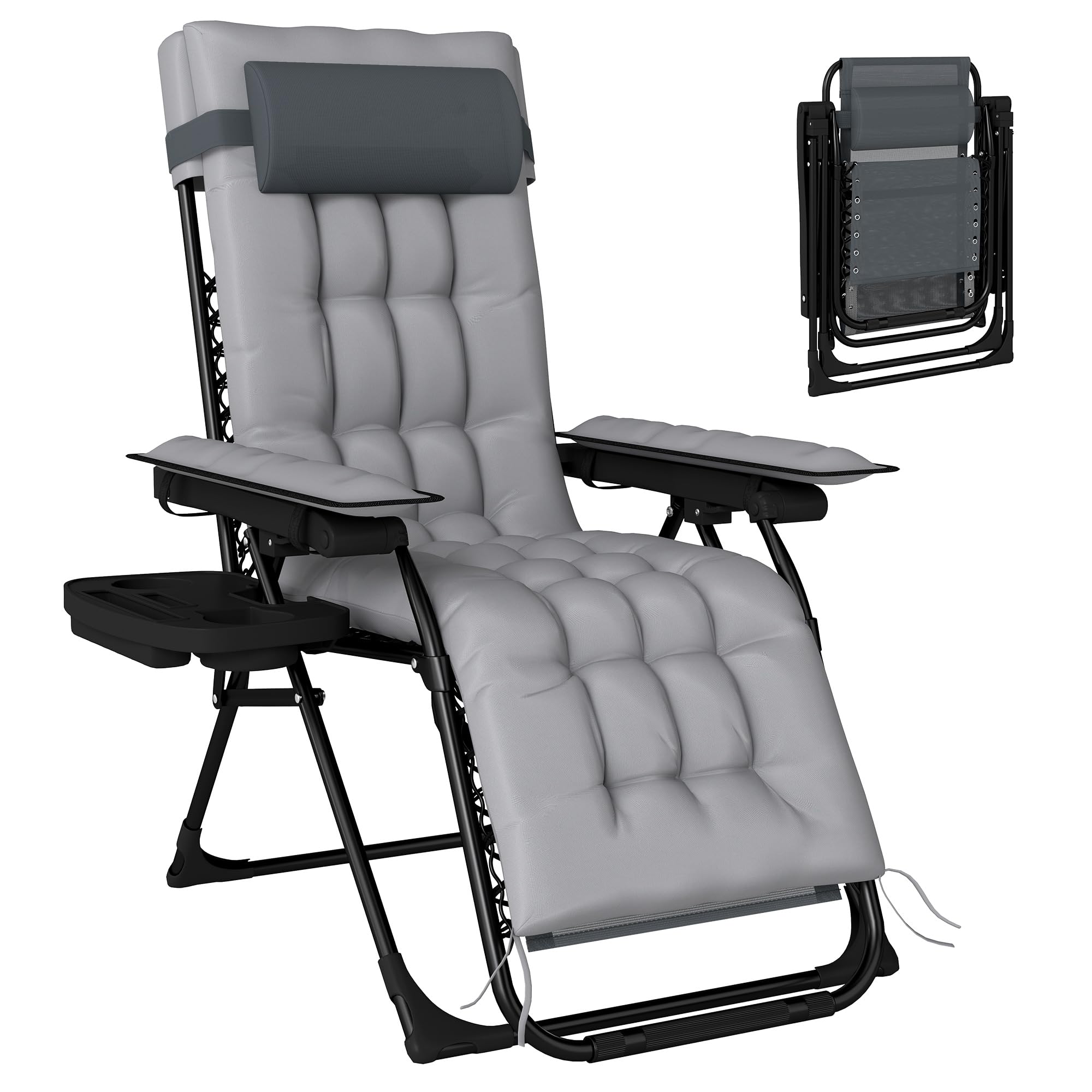 Outsunny Chaise de Gravité Zéro avec Accoudoirs, Coussin, Porte-Gobelet, Appuie-Tête, Dossier Réglable, Bain de Soleil Pliable en Textilène pour Jardin Plage Terrasse Camping, Gris Clair