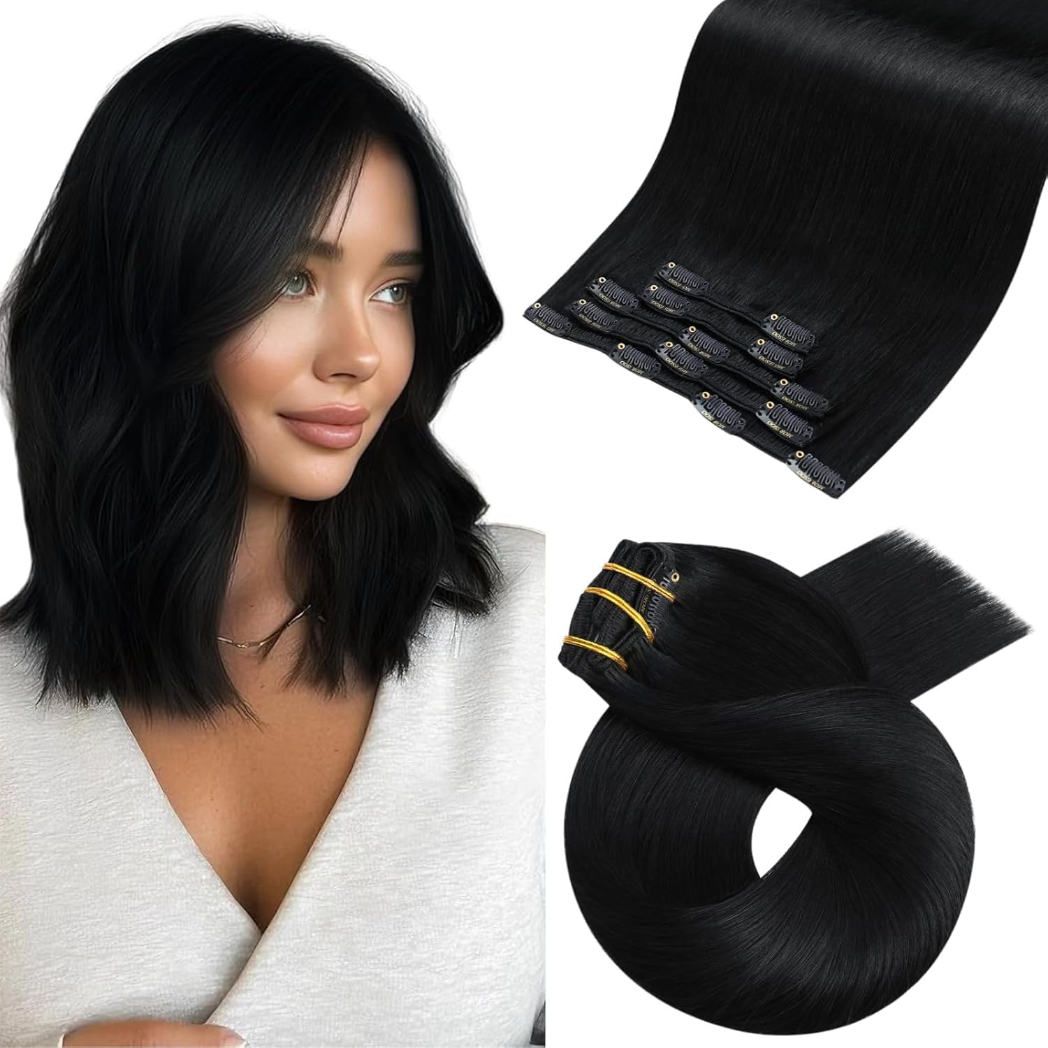 Moresoo Human Hair Extensions Clip in Real Hair Ash Blonde with Bleached Blonde Clip in Hair Extensions Remy Human Mid-length Hair Layered Add Volume 14 Inch 5pcs/80g #P18/613 — view 55