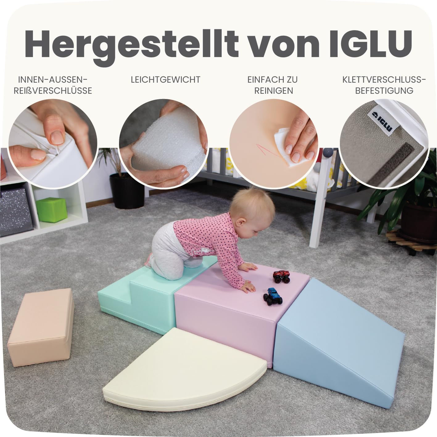 IGLU SOFT PLAY Corner Climber 5er Softbausteine Set für Kleinkinder & Babys – Kletterbausteine aus Schaumstoff – Krabbellandschaft & Motorikspielzeug für Zuhause (Pastel)