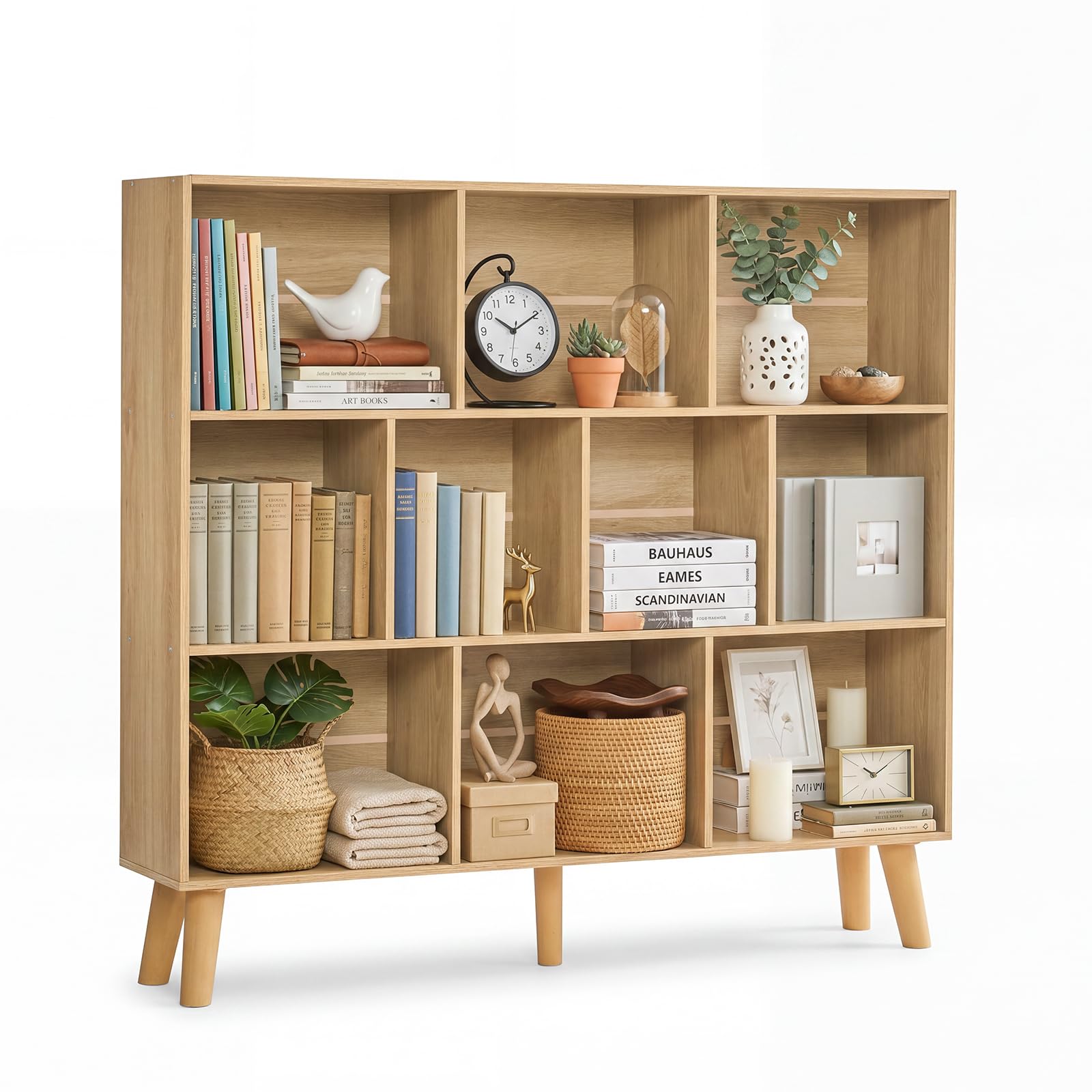 YAHARBO 10 Cube Natural Bookshelf,3 Tier Book Shelf with Legs,Modern Minimalist Bookcase,Open Book Shelves Storage Organizer,Frees Standing Wooden Display Bookcases for Small Space,Bedroom,Living Room