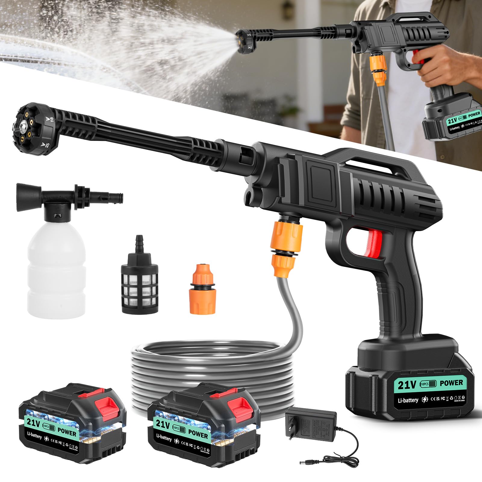 Hidrolimpiadora de Alta Presión,80Bar Hidrolimpiadora Inalámbrica,Portátil Pistola de Agua a Presión con 2×3.0Ah Baterías,Boquilla 6 en 1,Manguera 5m,Cubo,para Limpiar Coche, Terraza, Jardín