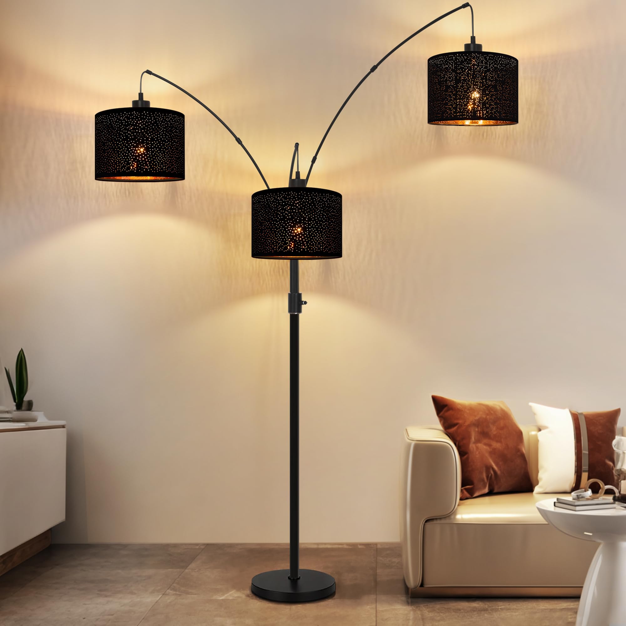 Photo 1 of Dimmable Floor Lamp-3 Lights Arc Floor Lamps for Living Room,Modern Tall Standing Lamp With Black Drum Hollow-carved Linen Shades,Gothic Mid Century Tree Floor Lamp for Bedroom Corner,Bulbs Included
