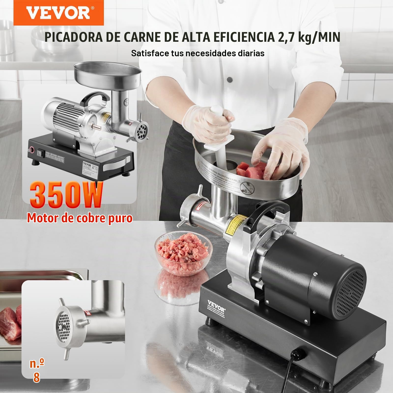 VEVOR Picadora de Carne Eléctrica Industrial de Encimera, Capacidad 2,7 kg/Min, con Cuchilla, Placa de Molienda, para Hacer Salchichas, Acero Inoxidable, para Cocina y Restaurante, 530 x 250 x 440 mm