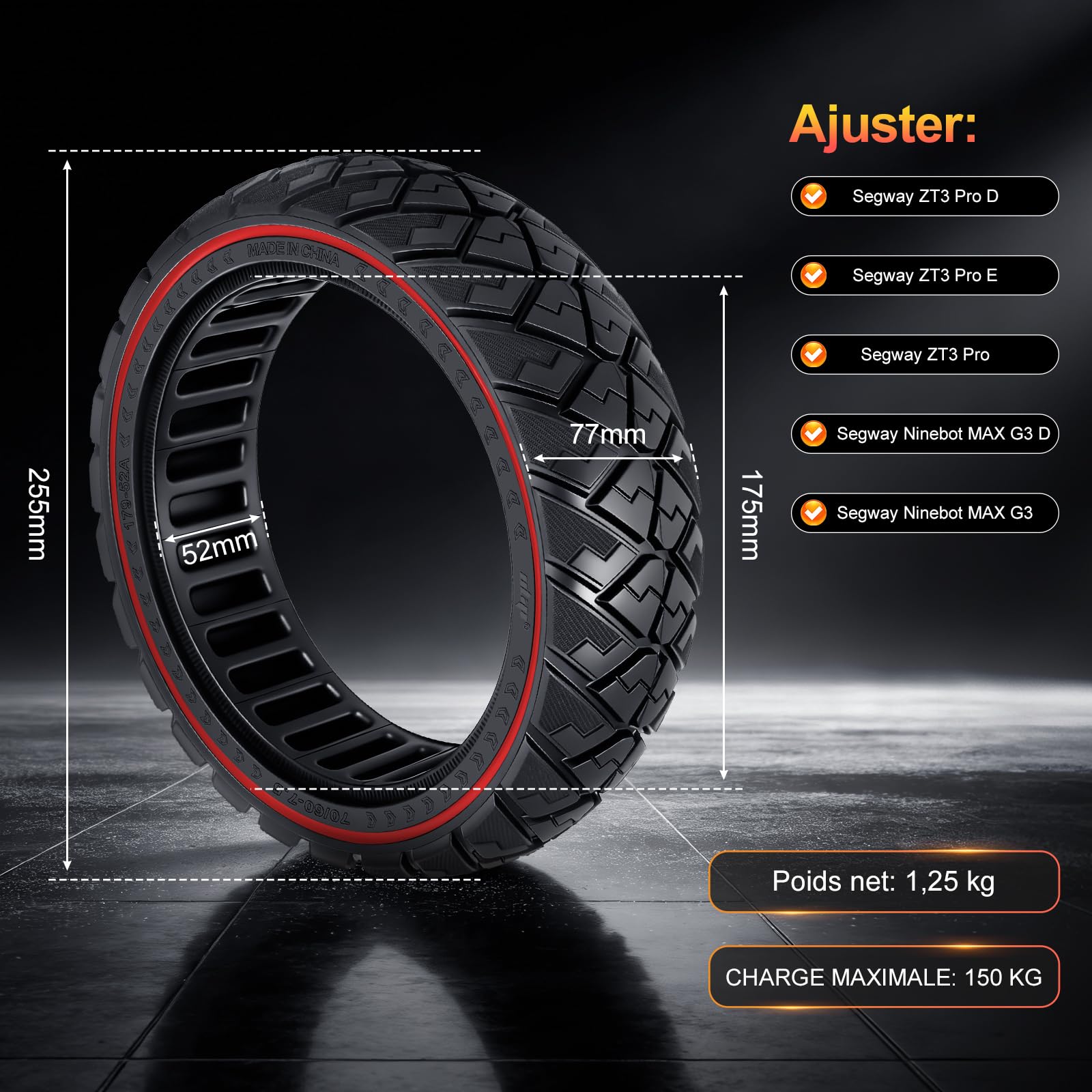 70/60-7,5 Pneu Plein pour Segway ZT3 Pro, ZT3 Pro D et E Trottinettes électriques, Pneus de Remplacement. Pneus Pleins Tout-Terrain Antidérapants, Increvables (Rouge, 2 Pièces)