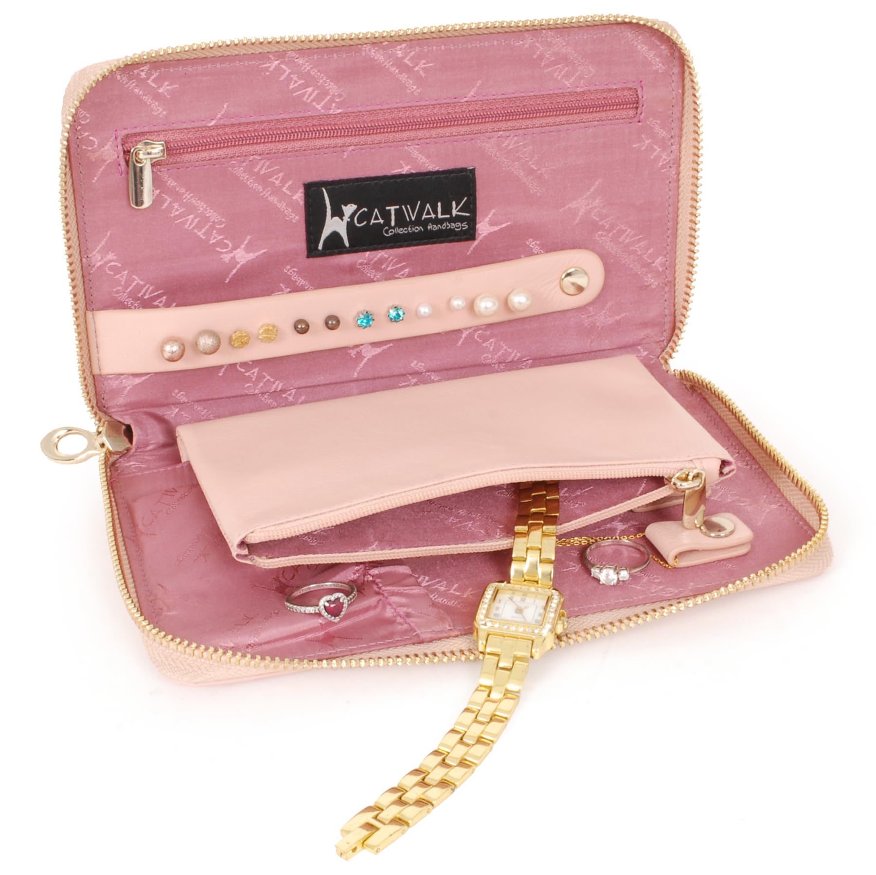 Catwalk Collection Handbags - Damen Schmuckbeutel Klein - Schmucktasche/Schmucketui für Reise - Mit Reißverschluss - Pippa - Rosa