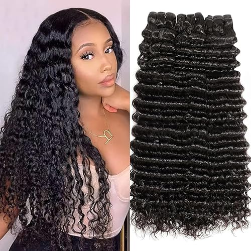 Deep Wave Bundles Human Hair 16 18 20 Inch Deep Curly Bundles 12A Grade 100% Unprocessed Brazilian Virgin Hair Wet and Wavy Bundles Double Weft Natural Black Color