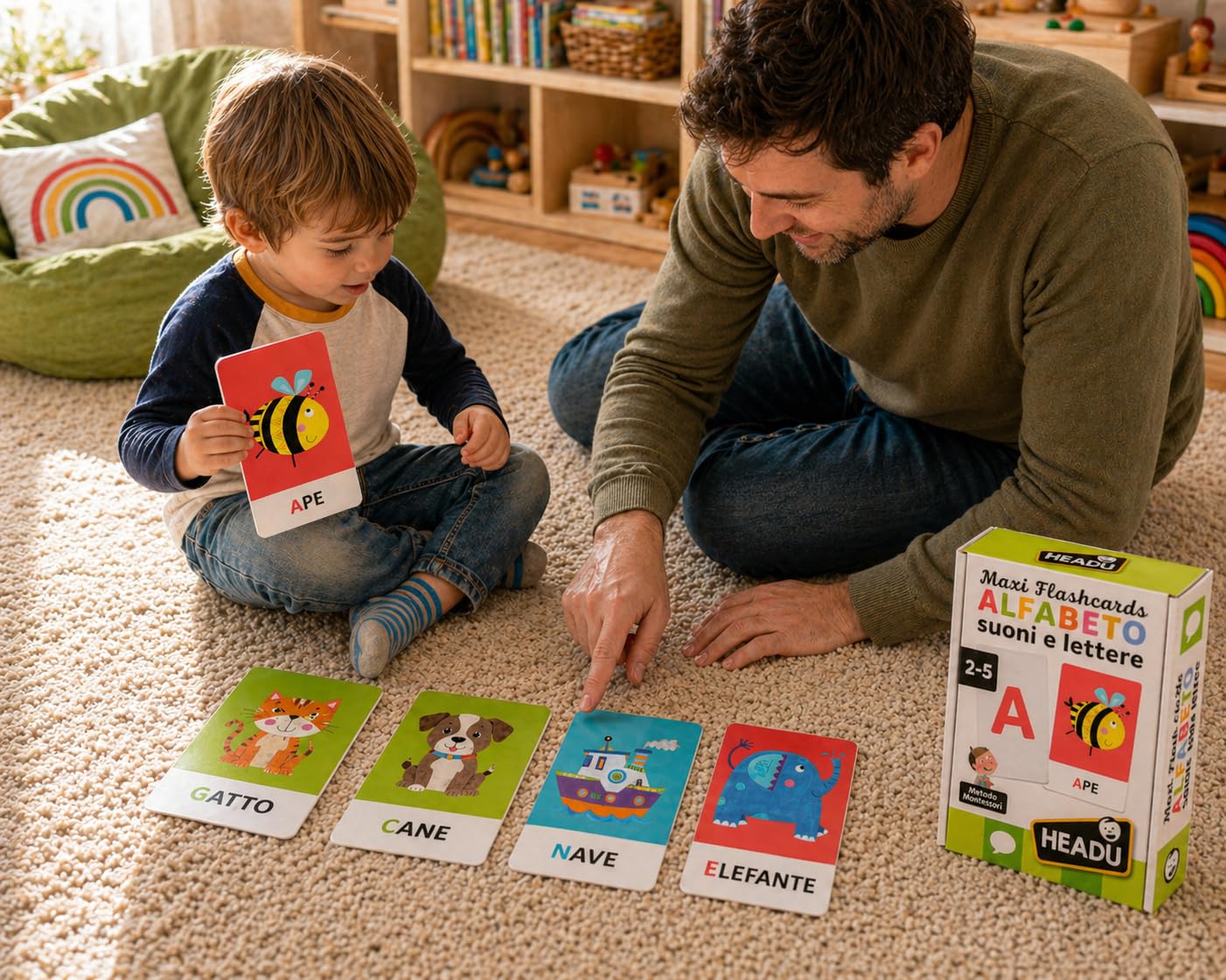 HEADU - Maxi Flashcards Montessori Alfabeto Suoni e Lettere - Leggi, ascolta e pronuncia |Gioco Educativo Per Bambini 2-5 Anni, Metodo Montessori, Idea Regalo Natale Pasqua Compleanno, Made In Italy