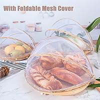 Vista 5 de Cesta de bambú para servir alimentos con cubierta, cesta redonda de bambú tejida a mano para pan y frutas con cubierta de malla retráctil