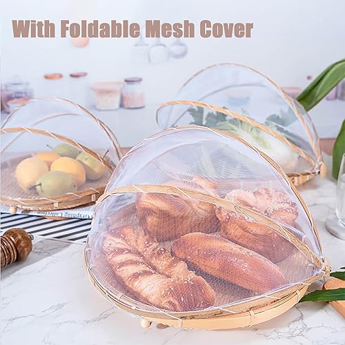 Miniatura 5 de Cesta de bambú para servir alimentos con cubierta, cesta redonda de bambú tejida a mano para pan y frutas con cubierta de malla retráctil para