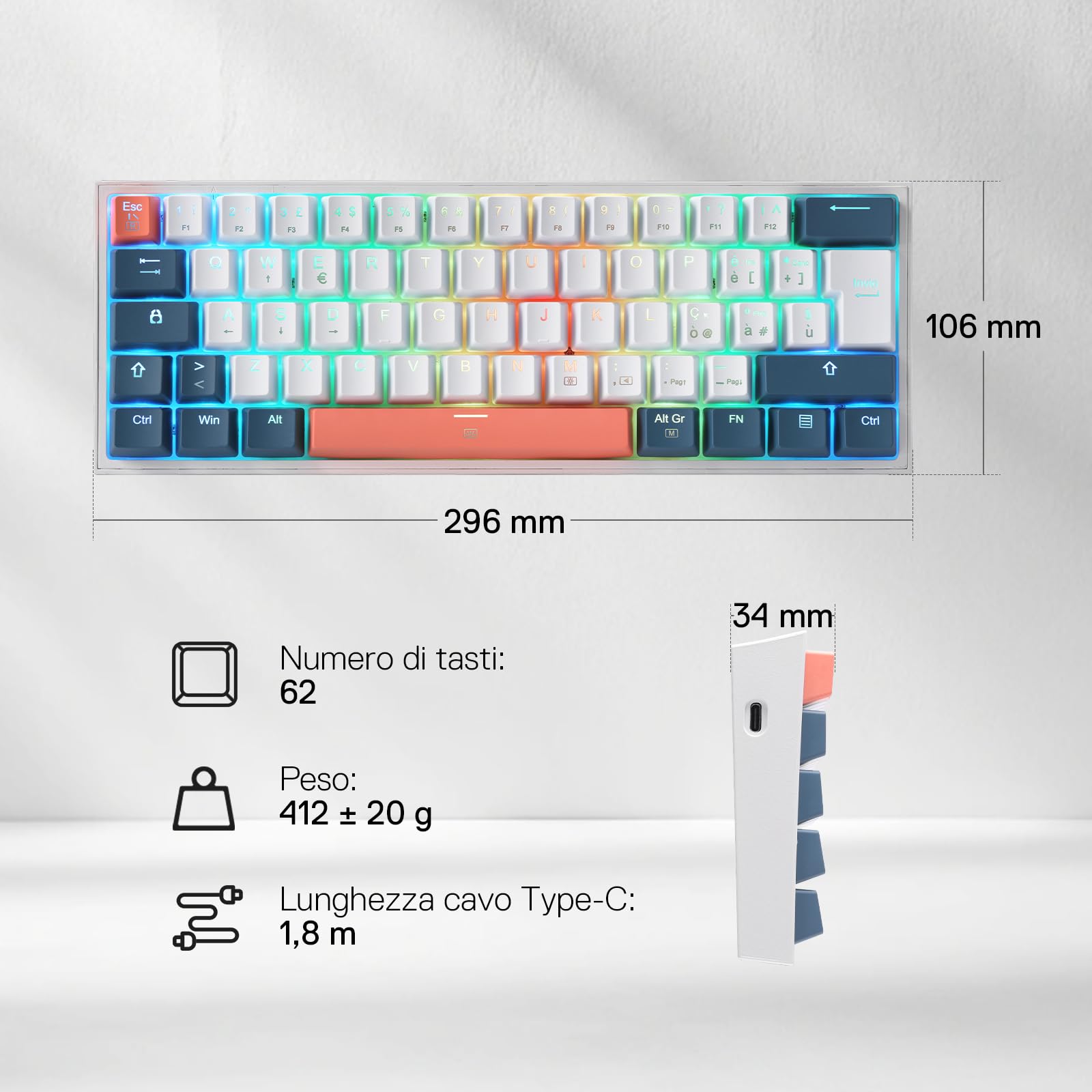 Redragon K617 Fizz 60% Wired RGB Gaming Tastiera Meccanica, 62 Tasti Hot-Swap, Interruttori Rossi Lineari, Layout Italiano QWERTY