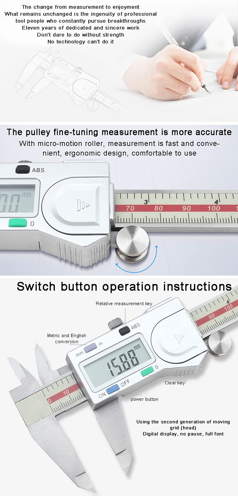Impermeabile Calibro a Corsoio ad Alta Precisione con Schermo LCD in Metallo in Acciaio Inossidabile Righello di Misurazione di Precisione per Progettisti, Ingegneri e Meccanici(Size:0-300mm)