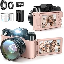 Digital Camera LAMA 4K 48MP Autofocus Vlogging Camera Compact Camera with 3.0 Inch 180  Flip Screen 16X Digital Zoom Camera for YouTube with Wide Angle Lens 32GB SD Card 2 Batteries Pink