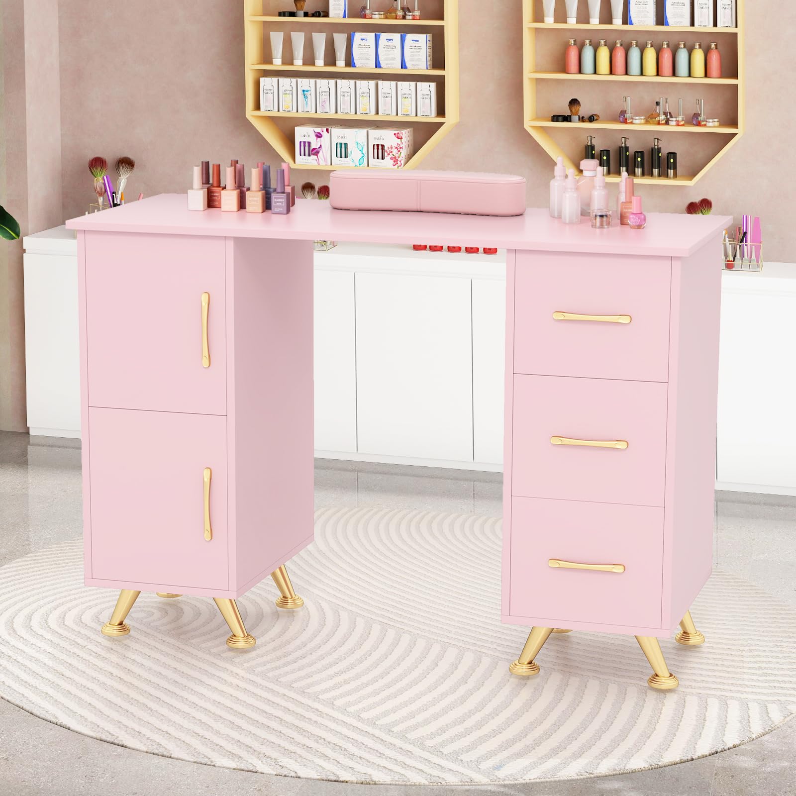 GYMAX Tavolo da Manicure, Stazione Tavolo per Tecnico Unghie, Cuscino per Polso, 8 Gambe in Metallo, 3 Cassetti e 2 Armadi, Stazione di Lavoro in Legno per Arte Unghie per Salone di Bellezza (Rosa)