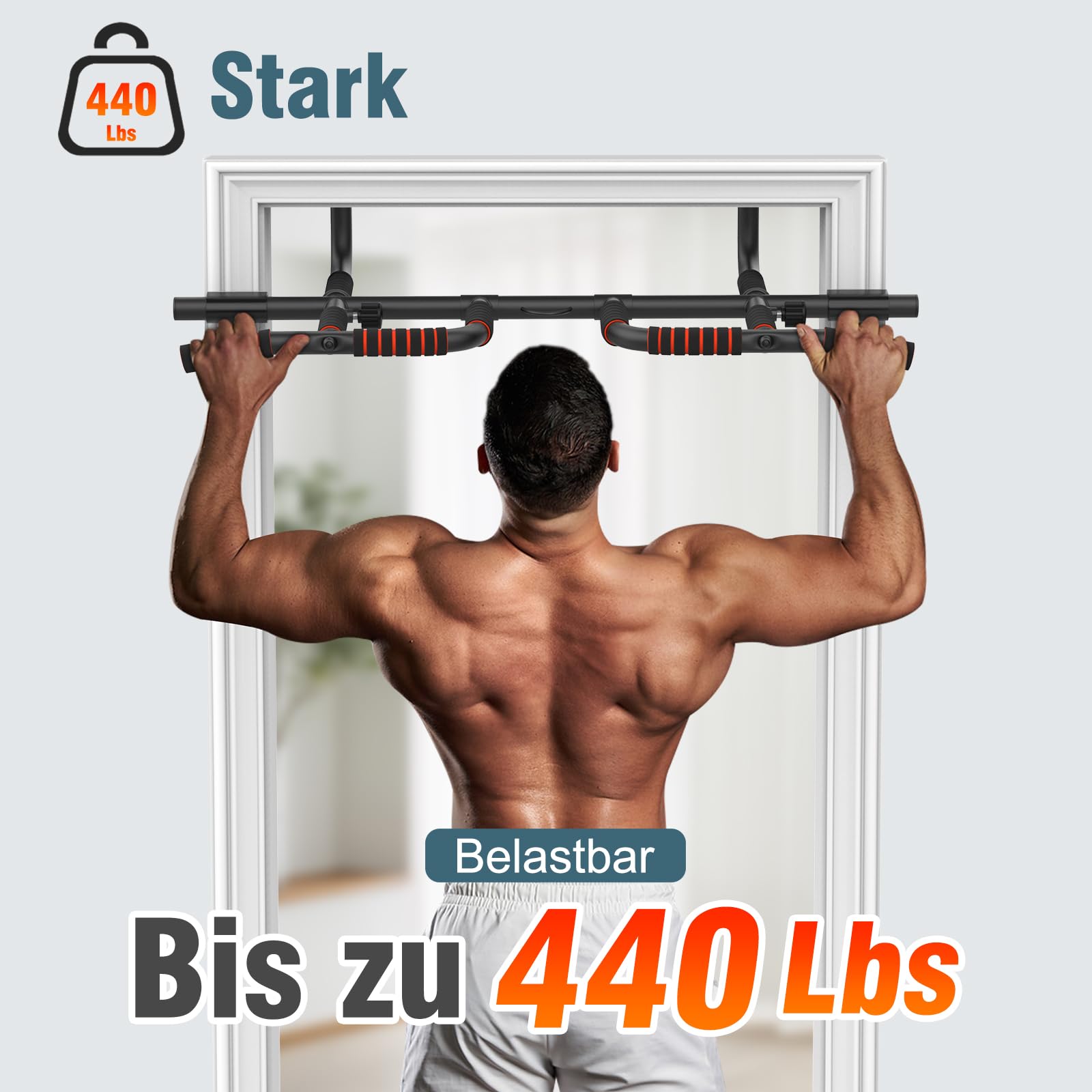 Barra de dominadas para marco de puerta con asas antideslizantes, barra de dominadas con entrenamiento adicional, barra de dominadas para puerta de 65 – 95 cm de ancho, marco de puerta de barra