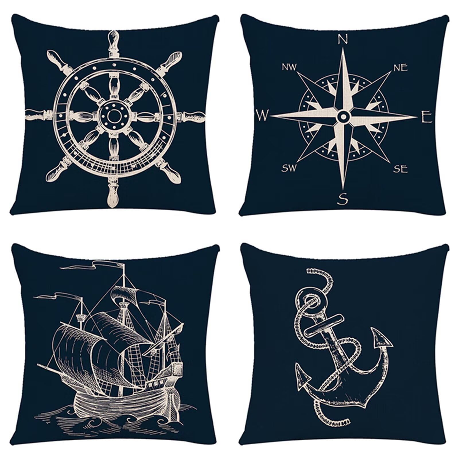 Juego de 4 Impermeable Funda de Cojín Navegación Azul,65x65cm Moderno Suave Transpirables Lino Fundas de Almohada Cojines Decorativos con Cremallera Oculta para Exterior Sofá Cama Coche Hogar