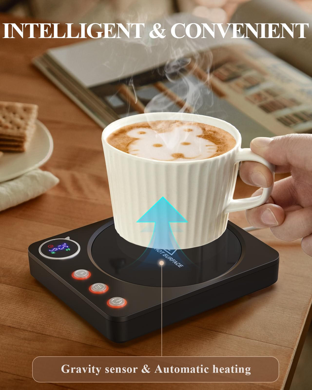 HOMEASY Calentador de Tazas, 30W para Tazas Eléctrico con 3 Configuraciones de Temperatura 4H Apagado Automático para Escritorio Agua Caliente Té Leche Calentador Regalo Negro