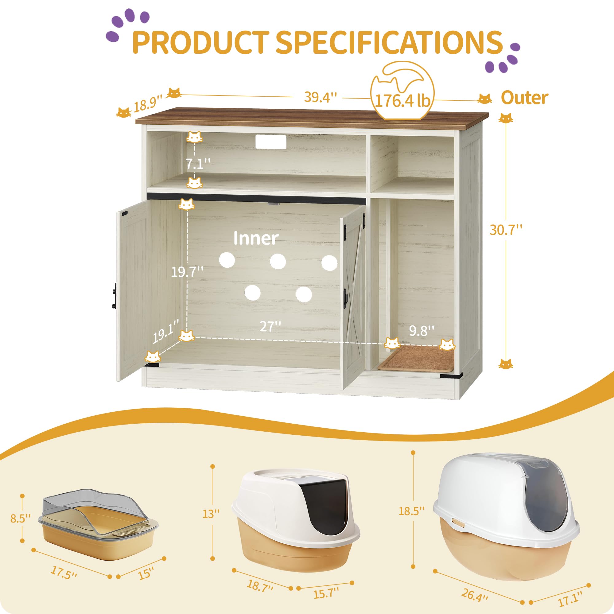 Hzuaneri Cat Litter Box Enclosure, Hidden Litter Box Furniture with Storage, Wooden Cat Cabinet with Scratch Pad, Farmhouse Cats House, TV Stand End Table, Rustic Brown and White CB88614X - image 2