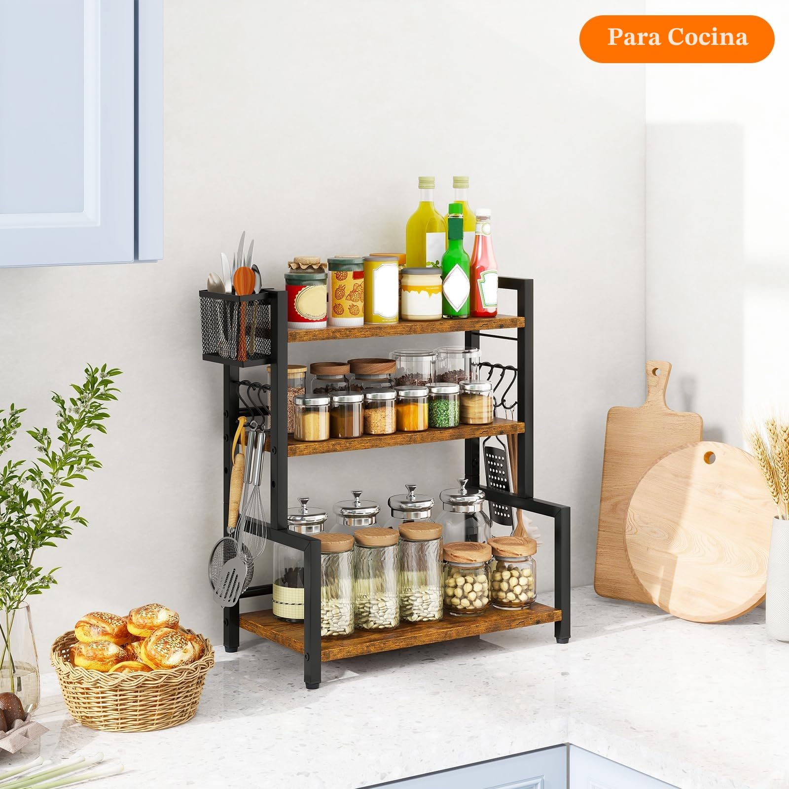 YMYNY Estante para Especias con Cesta Metálica, Estante de Encimera para Armario, Organizador con 6 Ganchos, Soportes para Botes de Especias, Para Cocina, Baño, 43 x 24 x 53CM Marrón Rústico HSR006H