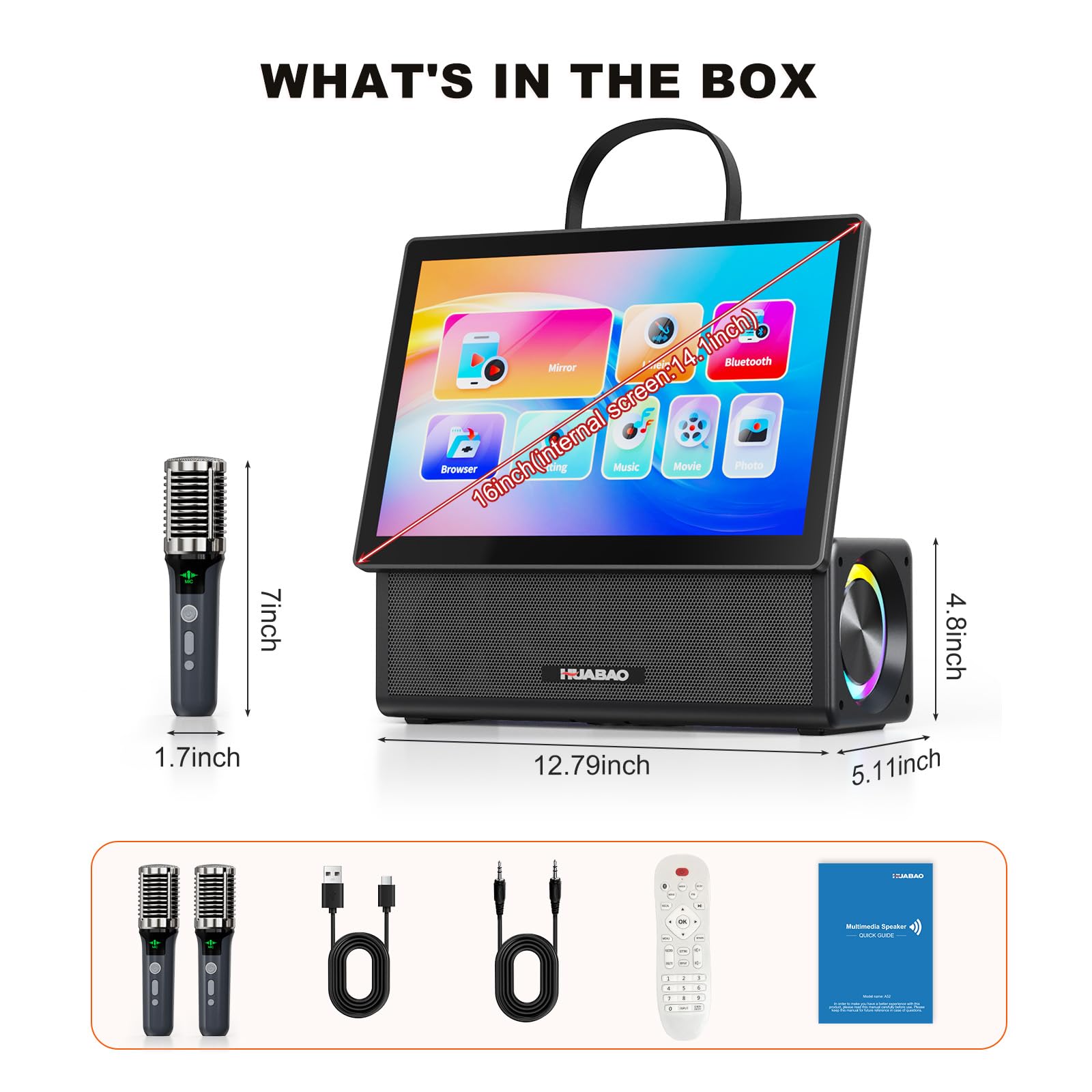 Tragbare Karaoke-Maschine mit 14,1-Zoll-HD-Drehbildschirm, kabelloser Bildschirmspiegelung für Android und iOS, Bluetooth-Party-Lautsprecher mit Liedtextanzeige und Beleuchtung, 2 Mikrofone
