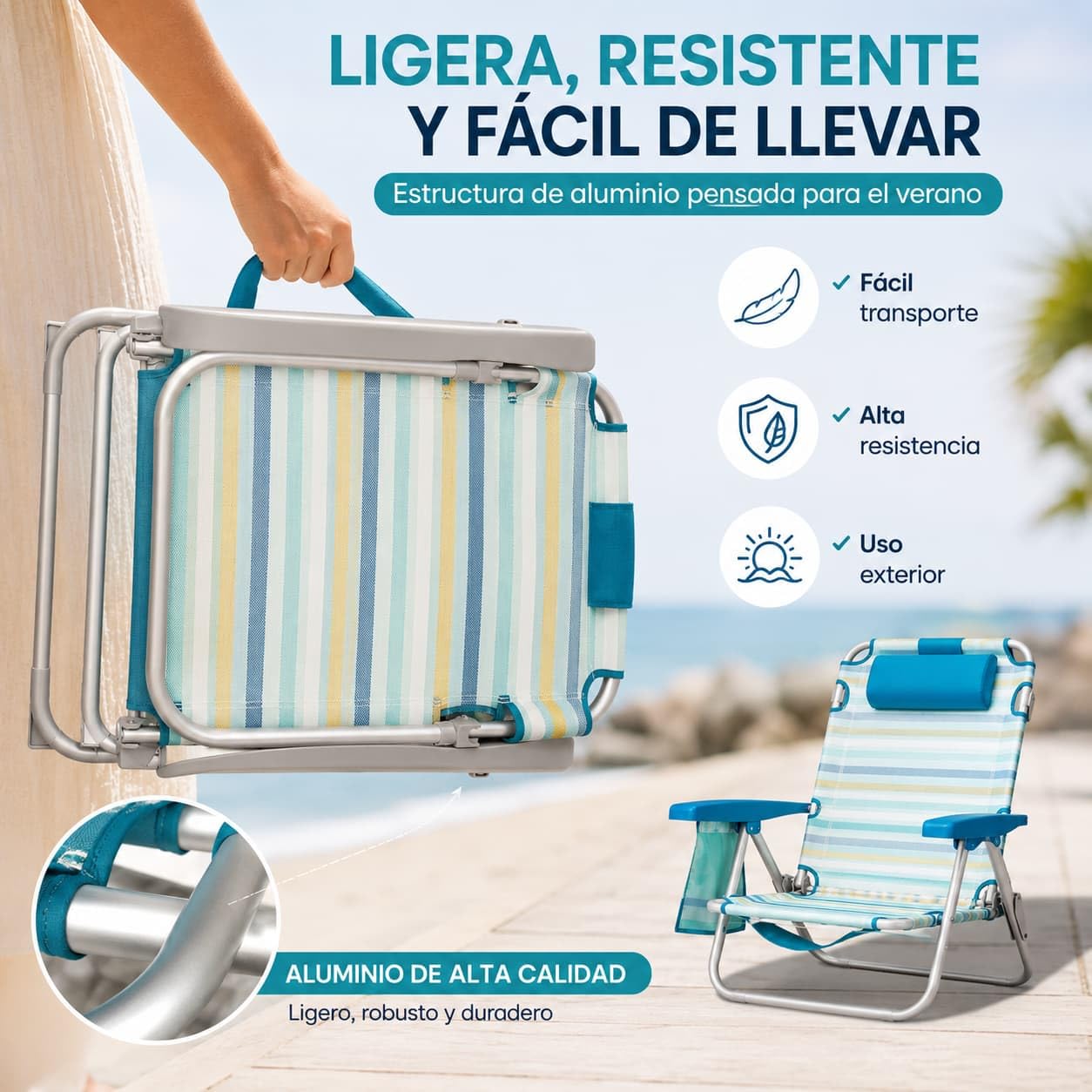 Silla Playa Plegable multiposición - con reposacabezas, Almohadilla y Bolso Lateral - Estructura de Aluminio Ligera y Tela Transpirable - Asas de Mano integradas