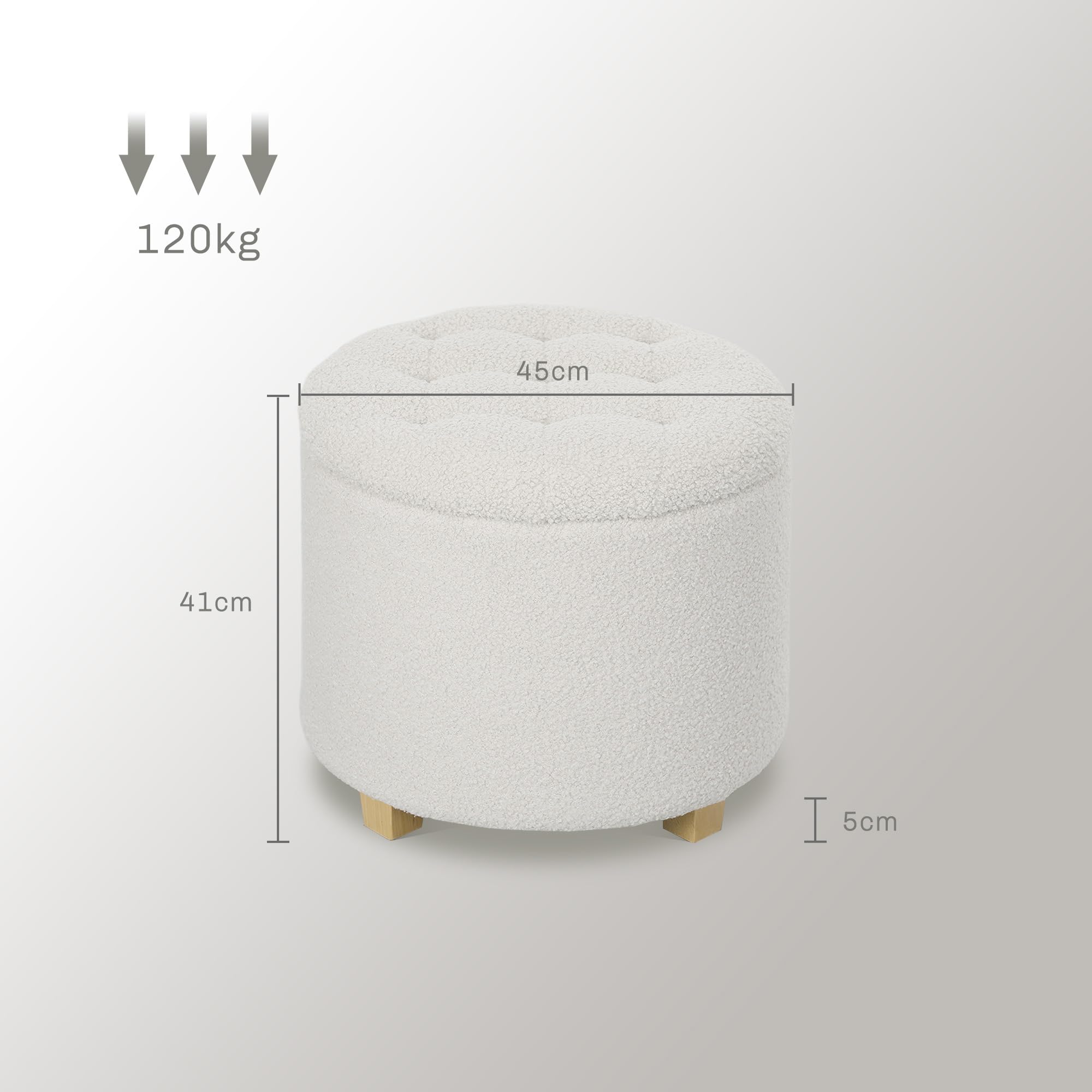 HOMCOM Pouf Coffre Rangement, Tabouret Rond, Pouf Repose-Pieds en Tissu Bouclette, pour la Chambre à Coucher, entrée, Salon, Charge 120 Kg, Ø 45 x 41 cm, Blanc