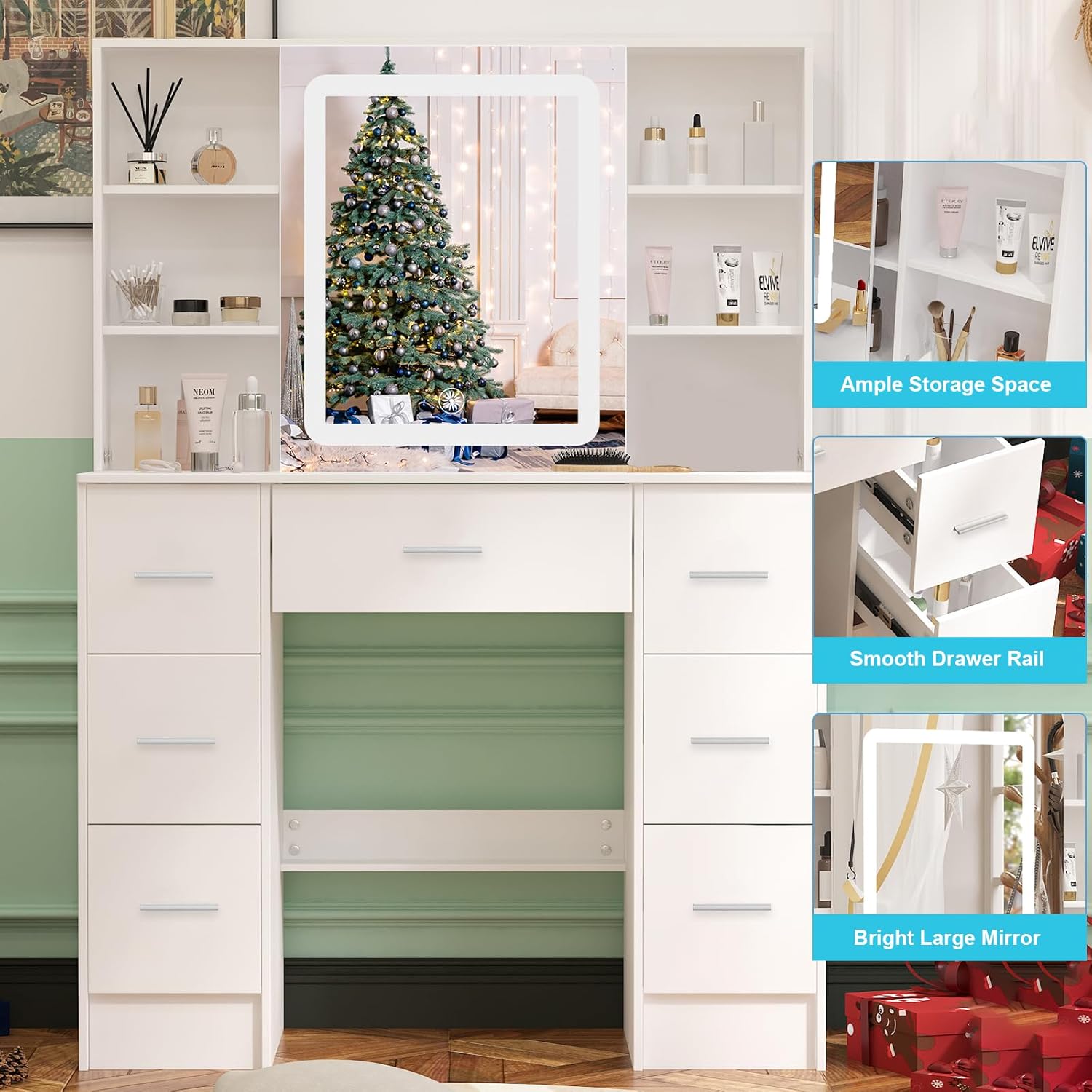 Vanity Desk with Mirror,White White Vanity with 7 Drawers 6 Shelves & Slide LED Mirror,3 Modes Light Adjustable,Vanity Makeup Desk for Bedroom,39.5" L*15.8" W*55.2" H.