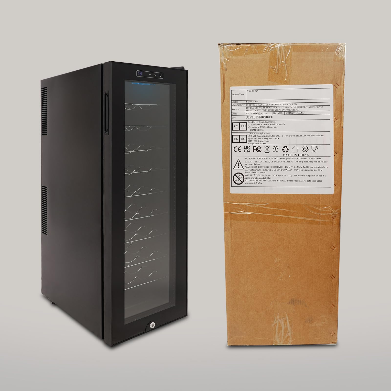 Nevera de vino 90L independiente para 30 botellas, puerta de cristal templado con luz LED, rango de temperatura de 5 – 18 °C (140 W), color negro