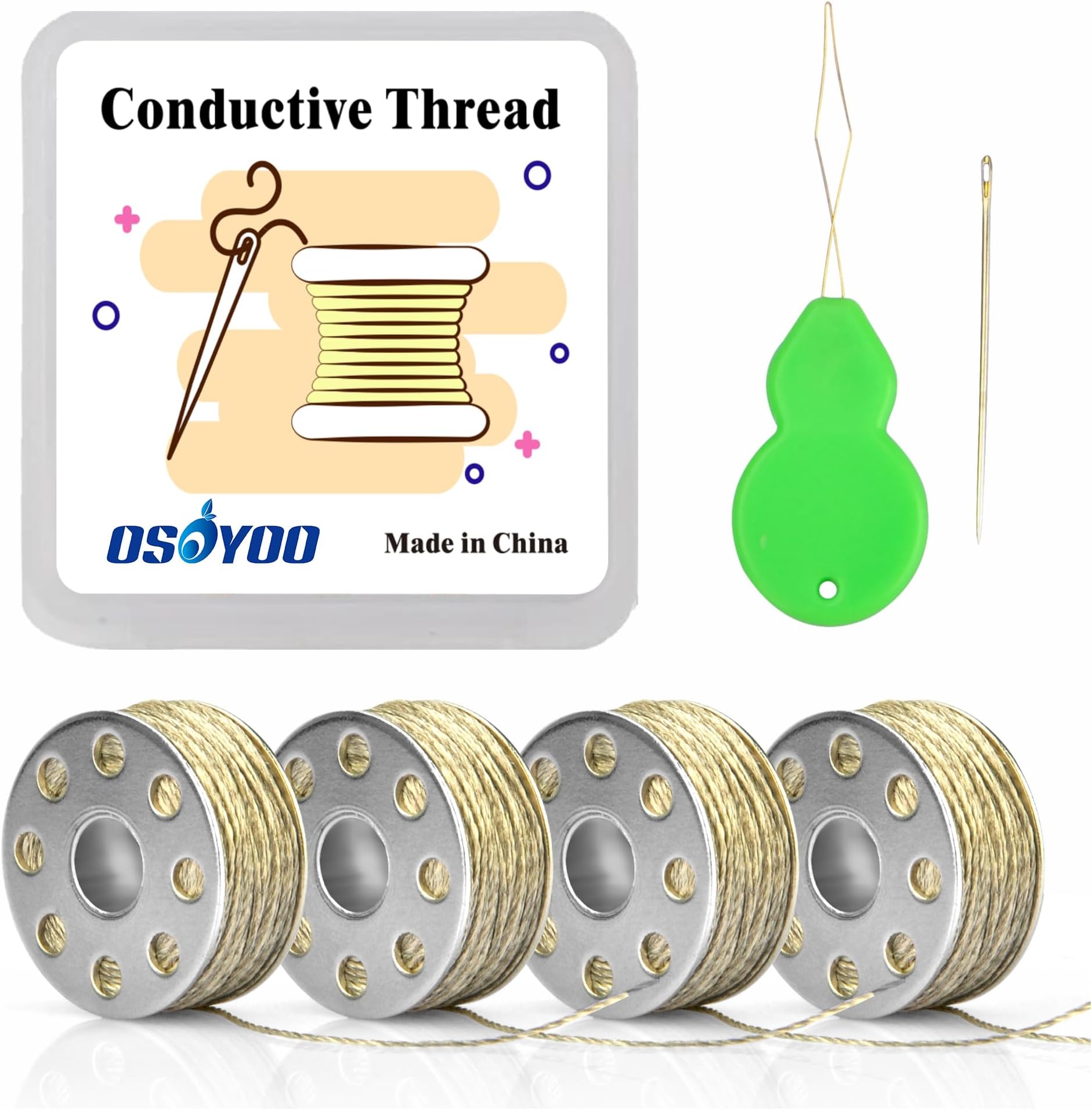 Conductive Thread 4 Bobbins 40ft/10m 60-80 Ω/m 2Ω/ft Smooth Sewable for Arduino Lilypad with Needle Threader (4)