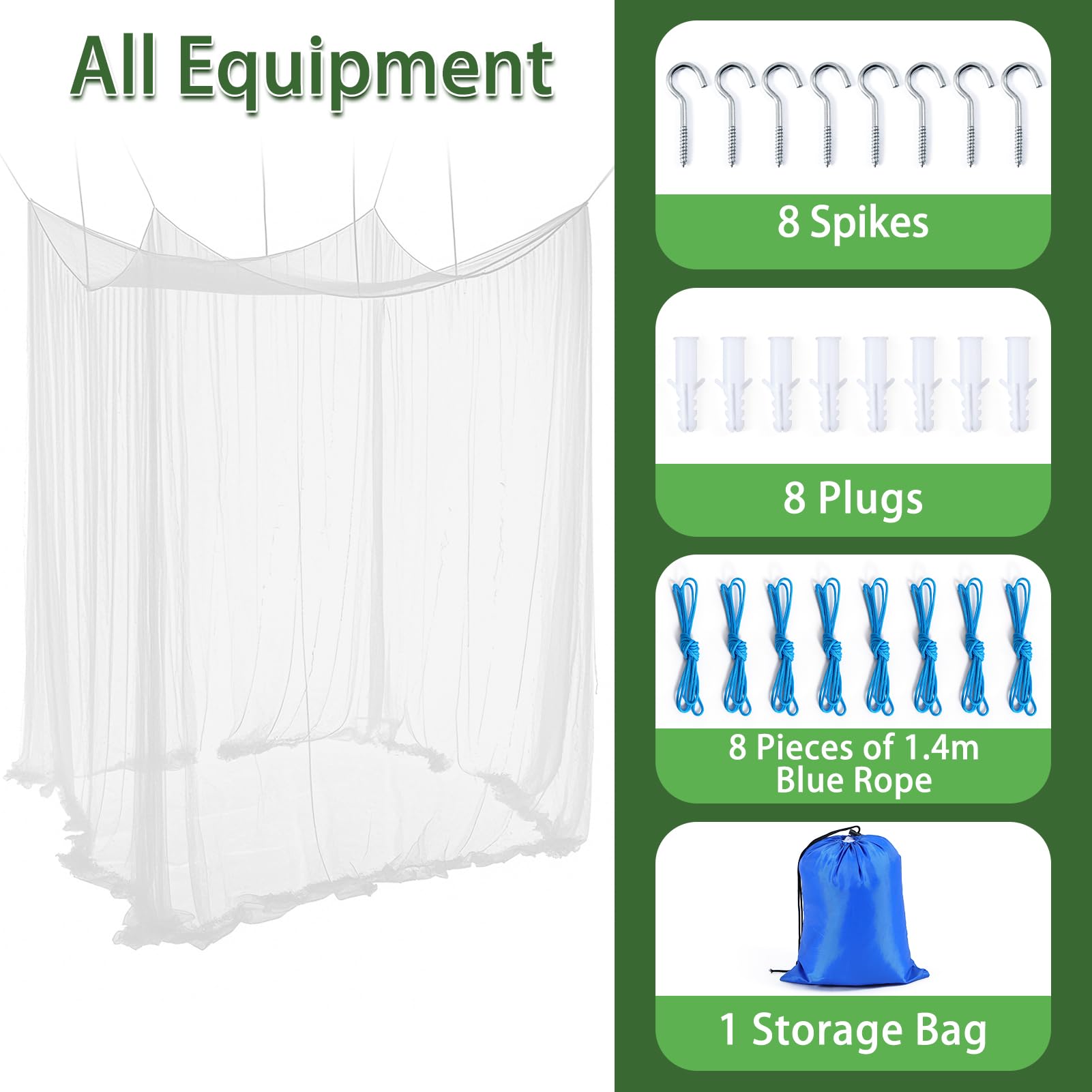 Mosquitera para cama, mosquitera para patio, tienda de campaña con patio, camping, al aire libre y viajes, con 1 bolsa de almacenamiento, 8 clavijas, 8 tapones y 8 piezas de cuerda azul de 1,4 m