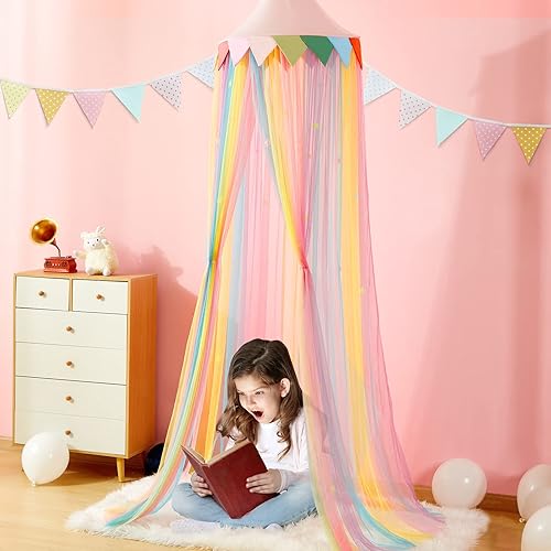 Miniatura 5 de Toldo de cama de princesa arcoíris para niñas, casa de juegos de ensueño de hadas con red colgante de color arcoíris, cúpula redonda rosa para