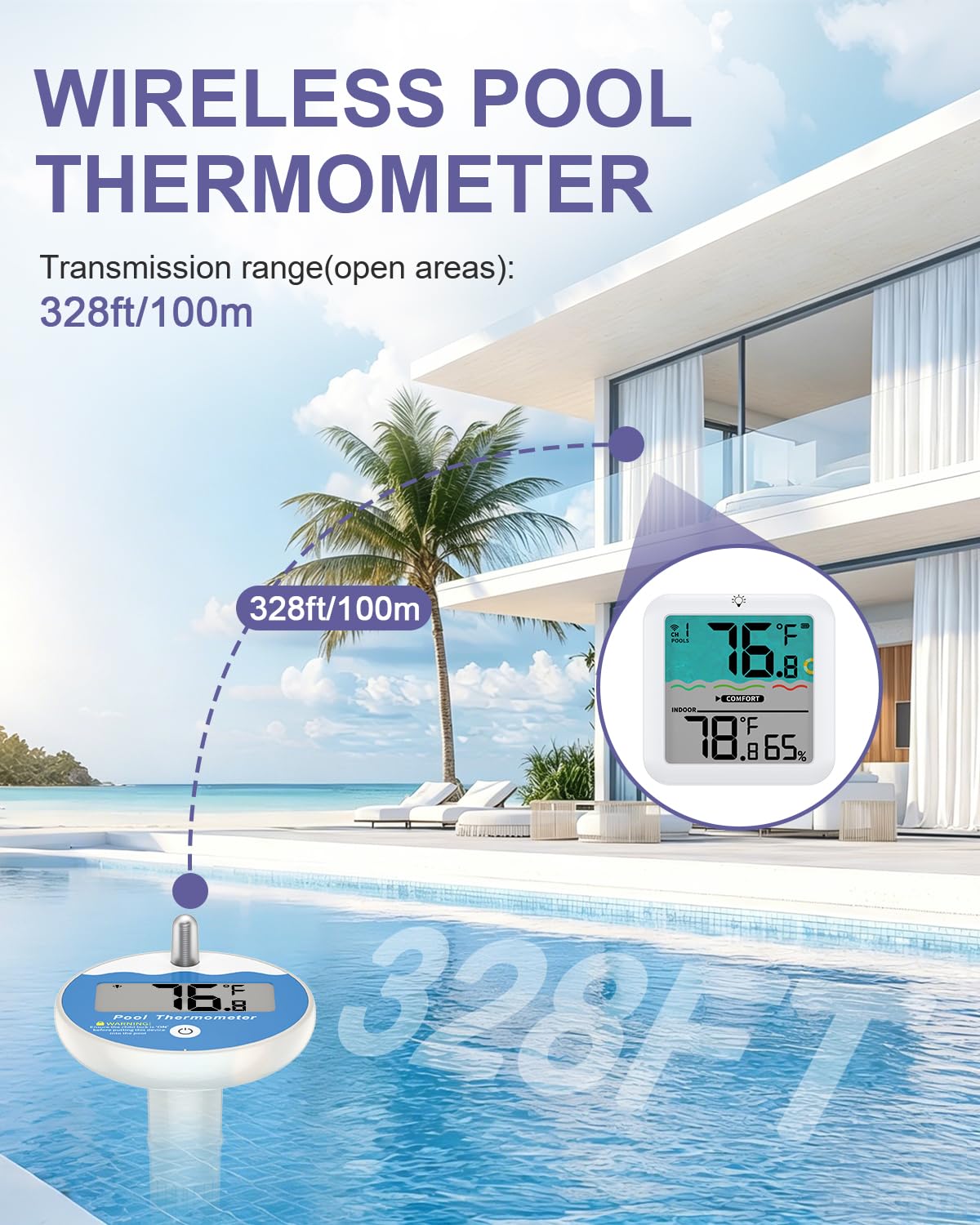 Wireless Floating Pool Thermometer with Indoor Display, Easy Read Digital Wireless Pool Thermometer, Large LCD Screen, IP68 Waterproof, Max/Min Record for Swimming Pool, Hot Tub, Cold Plunge