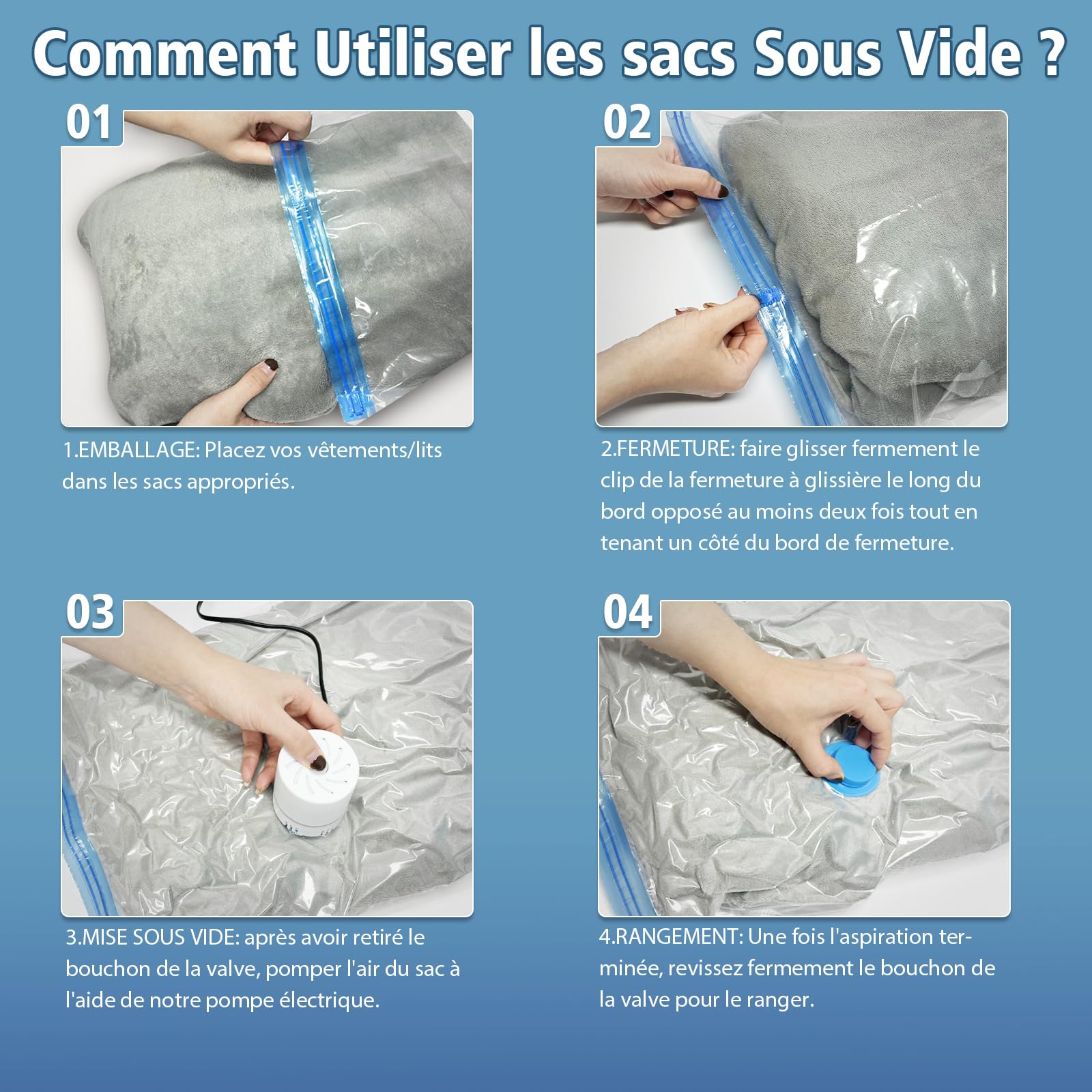 Sac Sous Vide Vetement Aspirateur 20 Pièces (5XL*100X70cm 5L*80x60cm 5M*70x50cm 5S*60x40cm) avec Pompe Électrique - Sac Sous Vide pour Vêtements, Couettes, 80% d'Espace Gagné - Réutilisable