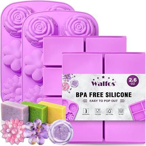 Walfos Moldes de jabón, 4 moldes de silicona para jabón de flores y rectangulares, sin BPA y aptos para lavavajillas. Perfecto para jabón casero,