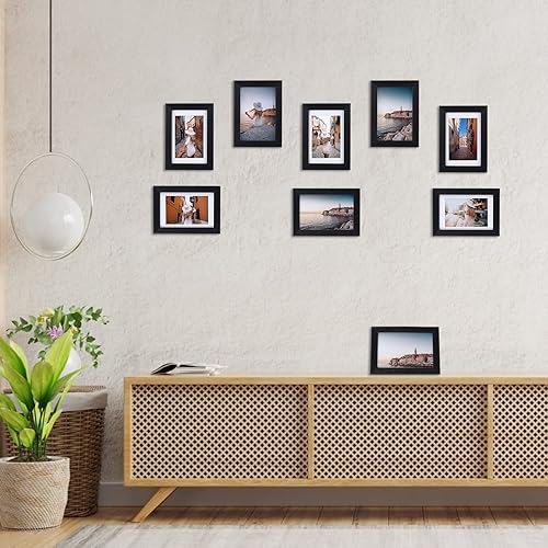 Miniatura 8 de Lavezee Juego de 9 portarretratos de 4 x 6, hechos para mostrar fotos de 3.5 x 5 con paspartú o 4 x 6 sin paspartú para pared y mesa, marcos de