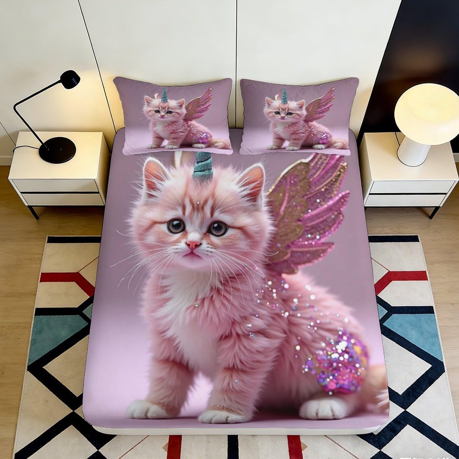 3D Printed Pink Cat Unicorn Fitted Sheet Microfiber Soft Breathable Sparkling Wings Bed Cover for Bedroom Dormitory Guest Room Mattress Protection 180x200x25cm