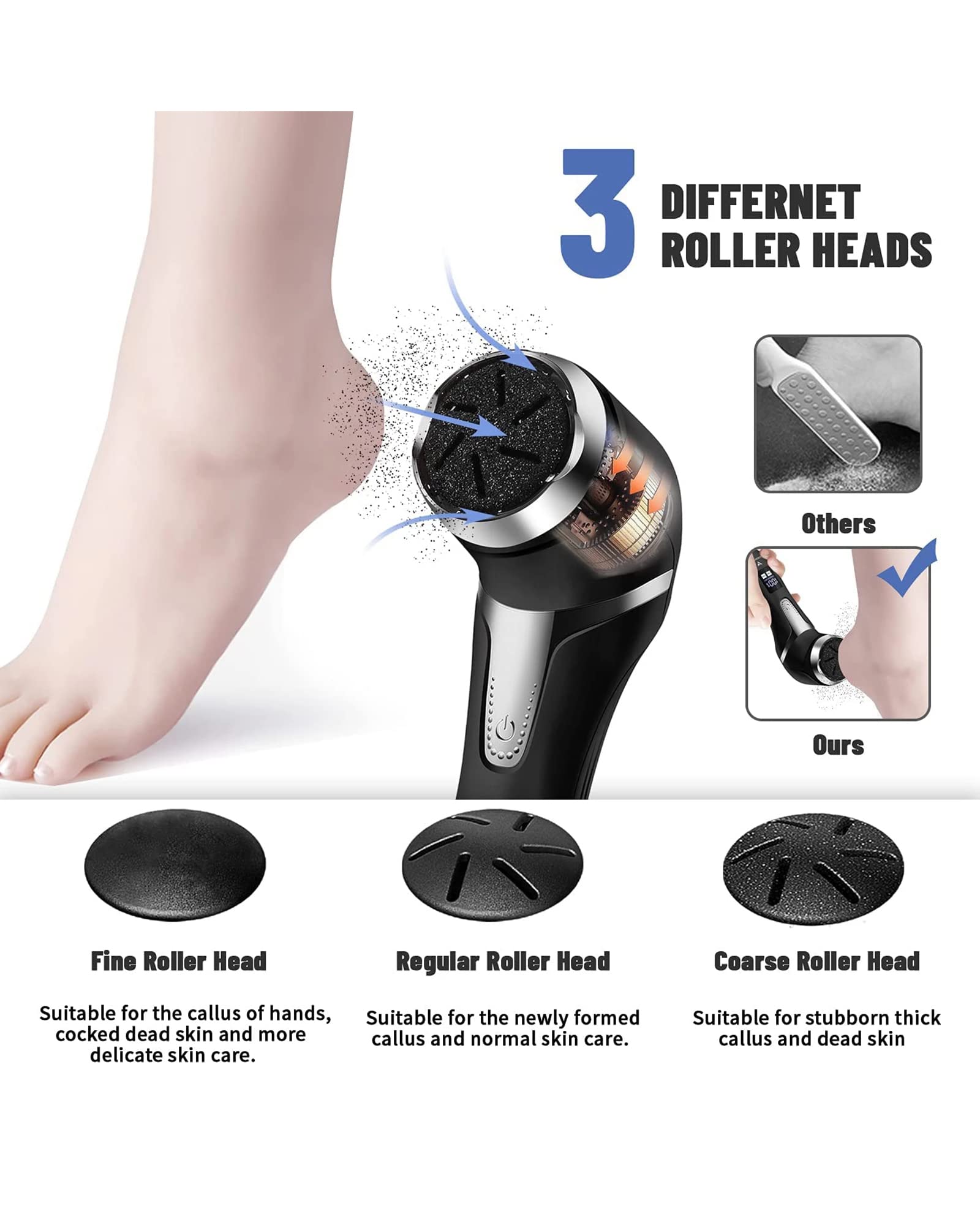 Lima de pie eléctrica portátil con Pantalla Digital LCD y removedor de Callos Herramienta USB para el Cuidado de los pies al vacío con 3 Cabezales de Rodillos y 2 velocidades, Blanco (Negro