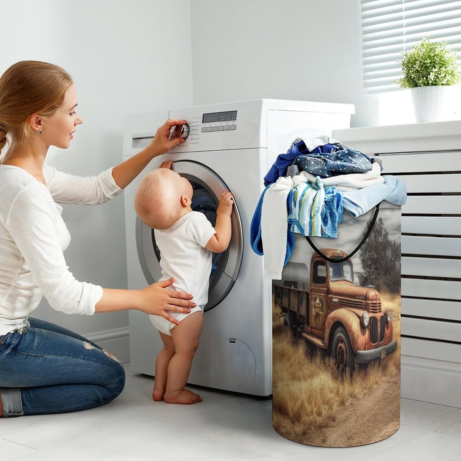 Old Truck Car Laundry Hamper Portable Lightweight Clothes Hampers Fashion Dirty Laundry Storage Basket Large Capacity Foldable Clothes Baskets for Bathroom Bedroom