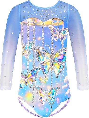 TFJH E 3/4 Sleeve Gymnastics Leotards for Girls Practice Outfits Sequin Ballet D