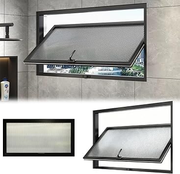 Rectangular Basement Window with Privacy Glass, 360 Rotatable Embedded Hopper Windows, Rotating Ventilation Casement Replacement for Bathroom/Kitchen/Warehouse/PlayhouseBlack,W37 x H17