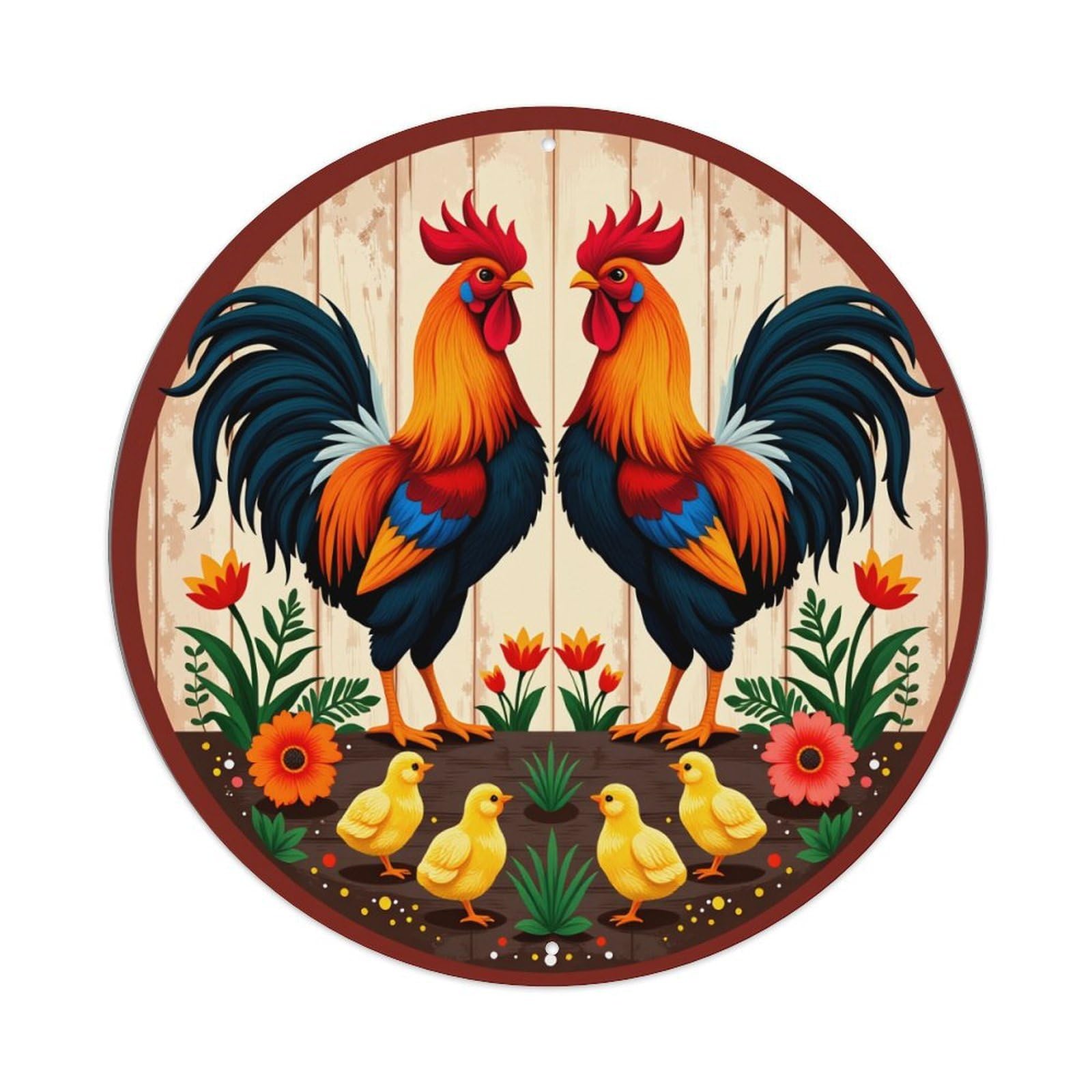 Rooster Chickens Flowers Wood Background Round Tin Sign Retro Metal Sign for Cafe Bar Pub Home Game Room Gym Club Wall Decoration Vintage Metal Poster 8x8 Inch